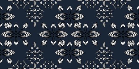 White ornament on blue seamless pattern. Vintage, paisley elements. Ornamental traditional, ethnic,...