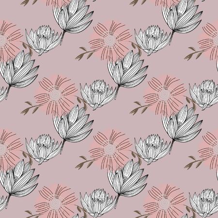 Fashionable cute pattern in native chamomile and lotus flowers. Flower seamless background for textiles, fabrics, covers, wallpapers, print, gift wrapping or any purposeのイラスト素材