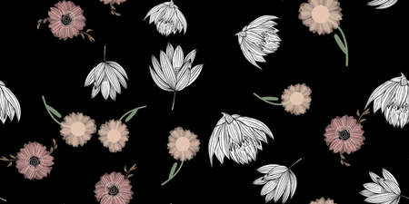 Fashionable cute pattern in native chamomile and lotus  flowers. Flower seamless background for textiles, fabrics, covers, wallpapers, print, gift wrapping or any purposeのイラスト素材