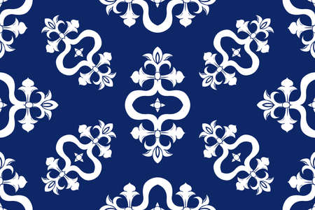 Vector elegan tile ornate seamless pattern. White ornament on luxury elegant blue background Retro hindu monochrome motifのイラスト素材
