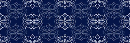 Vector elegant tile ornate seamless pattern. White ornament on luxury elegant blue background Retro hindu monochrome motifのイラスト素材