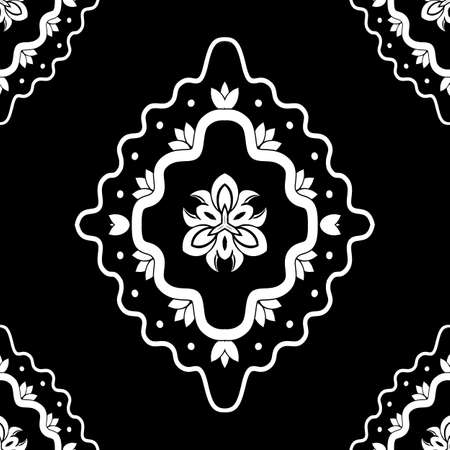 White ornament on black background Vector damask seamless retro pattern wallpaper geometry. Luxury ornate. Classic decor ornate.のイラスト素材