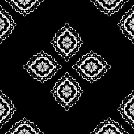 White ornament on black background Vector damask seamless retro pattern wallpaper geometry. Luxury ornate. Classic decor ornate.のイラスト素材