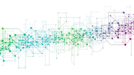 An abstract illustration presents a complex network of interconnected lines and nodes. The image showcases a gradient of colors including blues, greens, and pinks against a white backdrop. The composition suggests connectivity and data flow, suitable for representing technology, communications, or scientific concepts. The visual may be utilized for various commercial purposes.の素材