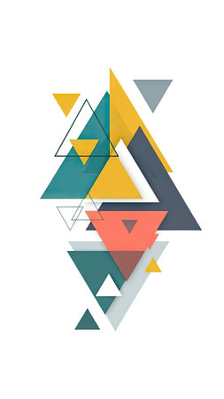 This image presents a modern abstract composition featuring overlapping triangles. The shapes are rendered in diverse colors, including teal, yellow, and coral, against a clean white backdrop. The design employs a minimalist aesthetic with clean lines and a sense of depth. Suitable for various applications, this image can be used for design projects.の素材