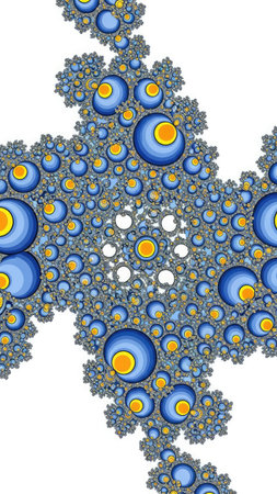 An abstract digital artwork features a fractal pattern composed of numerous blue spheres with yellow centers. The spheres are arranged against a white backdrop. This image showcases a detailed arrangement and color combination. Suitable for various design applications, it is ideal for commercial or editorial use.の素材