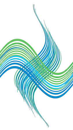 An abstract graphic showcases flowing lines, primarily in shades of blue and green, against a pristine white background. The composition features dynamic, wave-like patterns. This design is suitable for various applications, including website design, advertising, and other commercial and editorial contexts.の素材