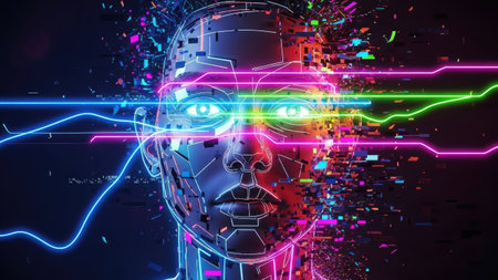 This digital artwork showcases a cyborg face constructed from geometric shapes, illuminated by vibrant neon lines and lights. The composition features a dark background, contrasting the bright colors. This image can be suitable for various commercial uses, including technology, science fiction, and digital art projects. The style incorporates elements of abstract and futuristic design.の素材
