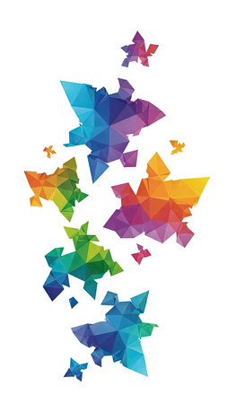 This image presents stylized butterflies composed of colorful geometric shapes arranged on a white backdrop. The illustration features a vibrant spectrum of colors including blue, green, yellow, and red. The composition uses a clean, modern aesthetic suitable for various applications such as design elements, advertisements, or creative projects.の素材