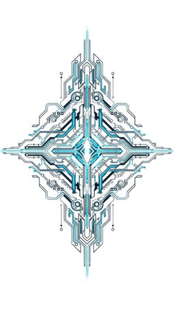 An intricate digital circuit board design is presented on a white background. It features a symmetrical composition with cyan and gray lines, creating a geometric pattern. The vector style illustration shows a complex network of pathways and connections. Suitable for commercial projects or editorial use related to technology or design.の素材