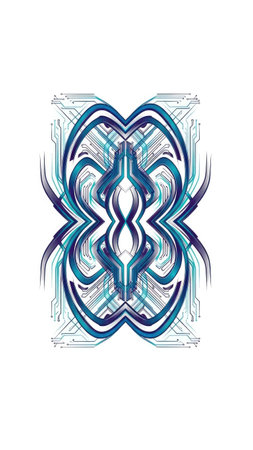 An abstract digital illustration features interwoven blue and turquoise lines against a plain white backdrop. The design displays symmetrical patterns and dynamic movement. The style emphasizes clean lines and vibrant color contrasts. Suitable for various design projects and visual communication materials.の素材