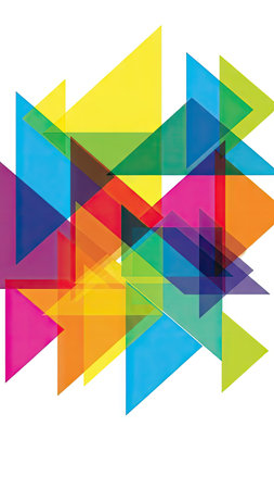 An abstract composition features a collection of overlapping, transparent triangles in various bright colors. The image presents a vibrant mix of yellows, blues, pinks, and greens arranged against a white background. This design, characterized by its geometric shapes and vibrant hues, could be suitable for digital art, graphic design projects, and decorative purposes.の素材