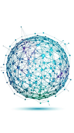 An illustration features a digital sphere composed of numerous connected lines and nodes. The sphere showcases a gradient of colors including blues, greens, and purples. It is set against a stark white backdrop with overhead lighting, suitable for conceptual, design, or commercial projects.の素材