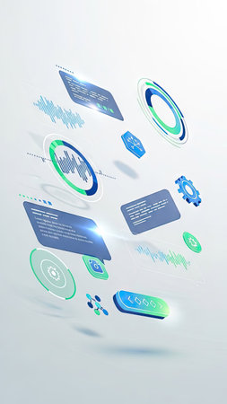 An artistic depiction of data visualization features various floating geometric shapes in shades of blue and green. The composition includes concentric circles, rectangles, and waveforms, suggesting complex data sets. Rendered with soft lighting and a blurred background, it could be used in technological, informational, or conceptual projects.の素材