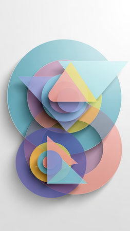 This abstract composition features overlapping circles and triangles in pastel colors. The design utilizes a gradient effect and layering to create depth and visual interest. The artwork is set against a clean white backdrop, creating a modern aesthetic. Suitable for various design projects and commercial applications.の素材