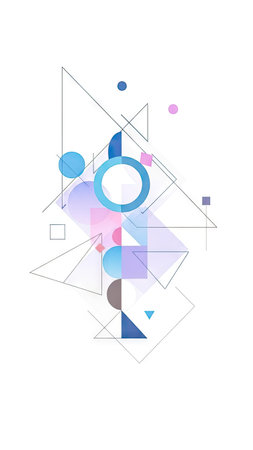 This image presents a modern abstract composition featuring various geometric shapes, including circles, triangles, and squares. The artwork utilizes a pastel color palette with blue, pink, and gray tones. The design employs lines and overlapping elements, creating a sense of depth against a clean white backdrop. Suitable for a range of commercial and editorial purposes.の素材