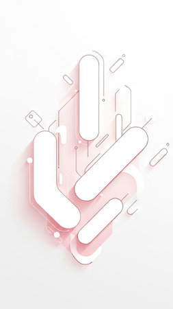 An abstract graphic presents white and red shapes against a white backdrop. The composition features geometric forms, including elongated ovals and lines, arranged to create a dynamic visual. Soft lighting enhances the three-dimensional effect. This design may be suitable for various commercial uses such as marketing and advertising.の素材