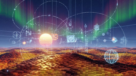 This digital artwork depicts a vibrant landscape with a central sun and an array of geometric shapes and lines. The color palette includes warm earth tones and cool blues and greens. The image has a futuristic and conceptual style, suggesting a digital or technological environment. It could be suitable for various commercial or editorial applications.の素材