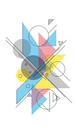 This graphic showcases an abstract arrangement of geometric shapes, including triangles, circles, and lines. The design features a blend of pastel colors, such as blue, yellow, and pink, creating a vibrant visual effect. The composition employs a modern style with clean lines and a white backdrop, suitable for various design applications.の素材