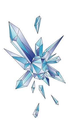An illustration presents a cluster of geometric crystals in shades of blue and white. The artwork displays a low poly style with sharp edges and facets. The composition features crystals arranged in a dynamic, scattered pattern against a clean white background. This image is suitable for various design projects and commercial applications.の素材