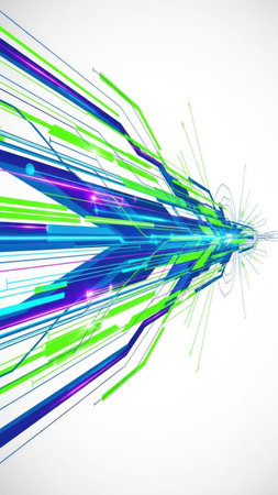 This digital artwork showcases a dynamic composition of colorful lines and geometric shapes. Vibrant green, blue, and purple lines converge towards a central point against a clean white backdrop. This image utilizes a vector style and overhead lighting to create a modern and visually appealing design with copy space, suitable for various commercial applications.の素材