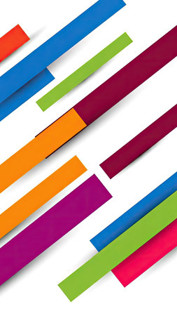 This image features a vibrant abstract design composed of overlapping diagonal stripes in a variety of colors. The arrangement suggests movement and depth, with a clean and modern aesthetic. Suitable for various commercial applications, the design could be used in advertising or website backgrounds. The lighting appears even, enhancing the visual clarity.の素材