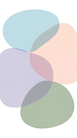 This abstract image features several overlapping organic shapes in pastel colors. The composition creates a soft, translucent effect with variations in color and form. The design may be suitable for various applications, including website backgrounds, print design elements, and decorative illustrations.の素材