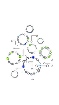 An artistic rendering showcases multiple interconnected circular elements against a clean white backdrop. Subtle colors highlight nodes within the network, while thin lines connect the circles, suggesting a complex system. The composition uses a minimalist aesthetic. Suitable for presentations and designs needing a contemporary graphic.の素材