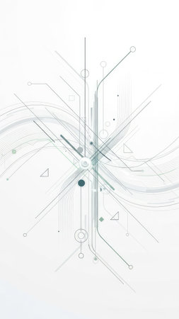 An abstract composition features interwoven lines, geometric shapes, and subtle color gradients against a pristine white backdrop. The design employs a minimalist aesthetic, with a focus on interconnectedness. This visual may be used in projects related to technology, communication, or data visualization for various commercial purposes.の素材