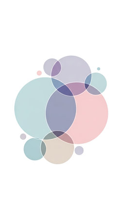This image presents an abstract composition featuring multiple translucent circles in various pastel colors. The overlapping arrangement creates depth and visual interest against a clean white backdrop. The style leans towards modern minimalism, suitable for diverse uses in design and editorial projects, including digital media and print applications.の素材