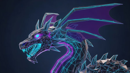 A digital illustration depicts a dragon with a geometric, wireframe appearance. The dragon features glowing blue and purple accents on a dark background. The composition suggests a fantasy theme, rendered in a modern, digital style suitable for various creative applications. It could be used for conceptual art or digital design.の素材