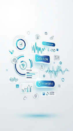 This image showcases an abstract infographic design with interconnected visual elements. The composition features various charts, graphs, and waveform visualizations in shades of blue and white. The overall style is clean and modern, suggesting digital technology and information. It is suitable for illustrating data analysis, system monitoring, and other commercial applications.の素材