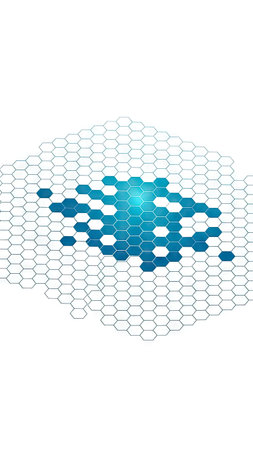 An abstract digital illustration featuring a network of interconnected hexagonal cells, predominantly in shades of blue and white. The composition uses a flat, graphic style with a focus on geometric patterns. This design might be suitable for representing technology, data structures, or other conceptual topics, offering versatility for various applications.の素材