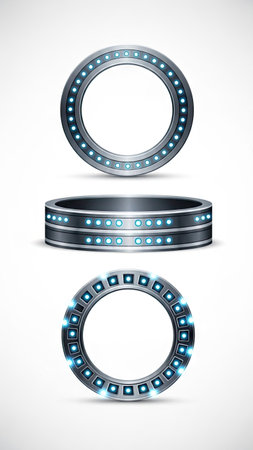 This graphic presents three different views of a futuristic design element. The circular objects display a metallic finish with evenly spaced blue lights. The composition has an overhead perspective on a white background. This design is suitable for use in technology illustrations, website design, and various commercial projects.の素材