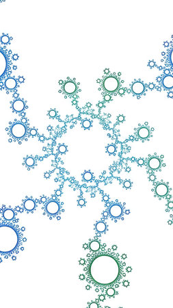 An abstract fractal design displays interconnected circles and intricate patterns. The composition features a gradient of colors including blues and greens. The image has a clean, minimalist style against a white background, suggesting a digital or conceptual context. This design could be utilized in various commercial and editorial applications.の素材