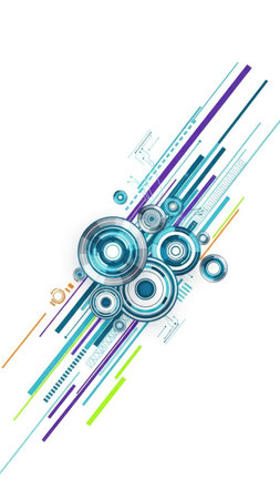An abstract composition features overlapping circles and diagonal lines in shades of blue, green, and purple. The design utilizes a vector style against a clean white background. This visual can be applied to various commercial projects, including website design, advertising, and marketing materials.の素材