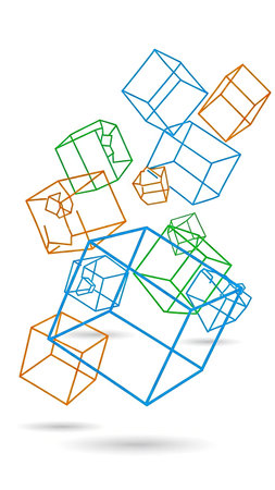 This image features a collection of colorful, wireframe cubes seemingly suspended against a stark white backdrop. The composition showcases geometric forms in shades of blue, green, and orange. The vector style suggests potential use in design projects or as an illustration for technology-related themes. The lighting appears soft, emphasizing the three-dimensional nature.の素材