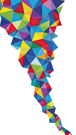 This image features a vibrant abstract design composed of numerous interconnected triangles. The artwork showcases a range of bright colors, creating a dynamic visual effect. The composition is set against a clean white background, providing contrast. Suitable for graphic design projects and various commercial applications.の素材