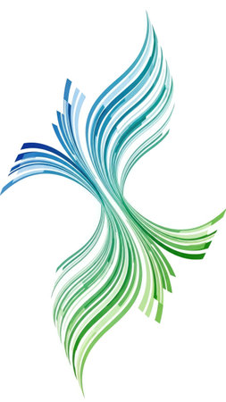 This image presents an abstract design featuring graceful, flowing lines. The composition showcases a blend of cool blue and vibrant green hues against a stark white backdrop. The style is modern and clean, creating a visually appealing effect suitable for various creative and commercial applications.の素材