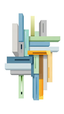 This image showcases a vibrant abstract composition of geometric blocks. The artwork features a variety of colors, including blue, green, and orange. The design utilizes a three-dimensional perspective, creating depth and visual interest. It could be suitable for various commercial uses, such as website design, illustrations, or marketing materials.の素材