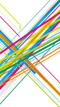 This image presents an abstract design featuring a dynamic arrangement of brightly colored lines. The lines, varying in thickness and hue, intersect and overlap against a pristine white backdrop. The composition showcases a modern aesthetic, with a focus on color and geometric forms, and could be utilized for various commercial and design purposes.の素材