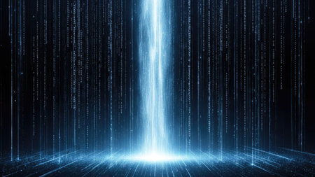 An illustration depicts a dynamic data stream emitting light from above. The artwork showcases a composition with vertical lines against a dark background, highlighted by vibrant blue and white hues. The digital style suggests technological advancements. This image is suitable for various commercial uses, including website design or editorial projects.の素材