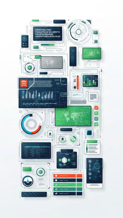 An illustration presents various user interface elements arranged in a vertical composition. The image showcases a range of screens and panels featuring data visualizations in vibrant colors. The style is modern, with clean lines and a minimalist approach. It's suitable for digital design, technology articles, and business presentations.の素材