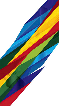 This image presents an abstract design featuring overlapping geometric shapes in various vibrant colors. The composition includes diagonal lines and dynamic forms set against a clean white backdrop. Suitable for a wide range of uses, the design is eye-catching and versatile for graphic projects.の素材