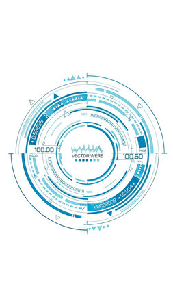 A digital graphic displays a network of light blue concentric circles and lines. Details, data points, and text elements are arranged within the design. The composition features a clean, white background, creating a futuristic and technical visual. It is suitable for business presentations, technology articles, and data-related projects.の素材