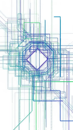 An abstract artwork showcases interconnected lines and geometric forms in shades of blue and green against a white background. The composition features a complex network of linear elements creating an intricate design. Ideal for digital projects, the image has potential applications in various commercial and editorial contexts.の素材