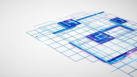 An abstract composition features a network diagram in shades of blue against a white backdrop. The design utilizes intersecting lines and grid elements to represent a digital infrastructure. Its minimalist style and bright color palette would suit various commercial and editorial applications.の素材