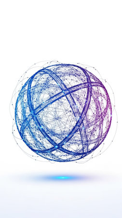 An abstract digital globe is displayed, showcasing interconnected network lines. The image utilizes blue and purple hues, possibly suggesting global communication. This illustration may be suitable for a variety of commercial uses, including representing technology or data. The image is on a bright white background.の素材