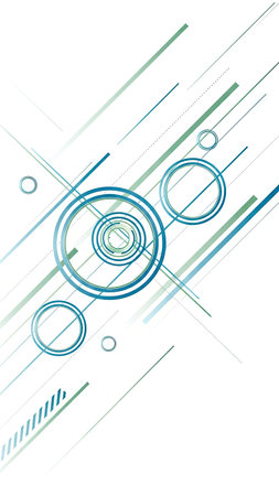 This abstract design features interconnected teal circles and a series of diagonal lines against a white backdrop. The composition is clean and modern, showcasing a minimalist aesthetic with a focus on geometric forms. The visual style could be suitable for digital backgrounds, website design, or other creative projects needing a modern touch.の素材