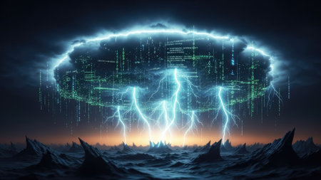 An artistic representation shows a luminous cloud emitting electric lightning bolts over a rocky, dark terrain. The image features shades of blue, green, and orange, with a dynamic composition and dramatic lighting. This visually striking artwork might be suitable for technology, science fiction, or conceptual illustration projects.の素材